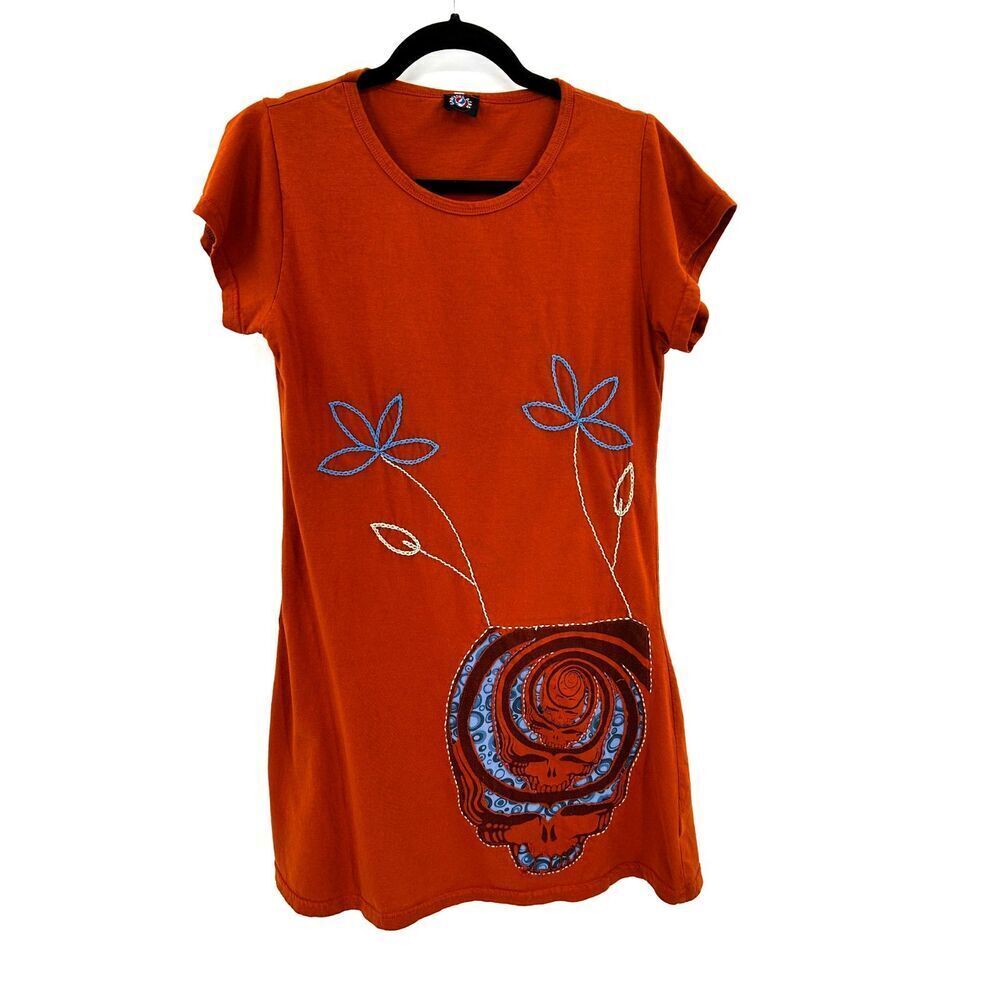 GRATEFUL DEAD Vintage Burnt Orange Skull Floral Embroidered T-Shirt Dress Large